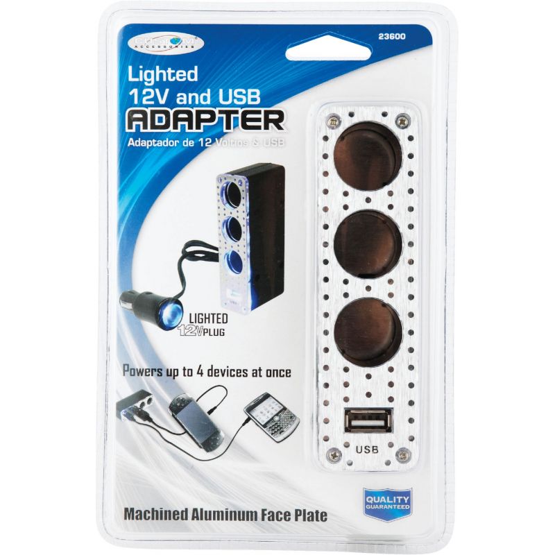 Custom Accessories Triple Socket Adapter with USB Black With Chrome Face