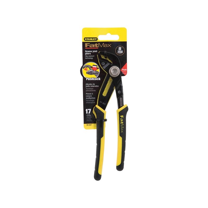 STANLEY Push-Lock Series 84-647 Adjustable Joint Plier, 8-1/4 in OAL, Black/Yellow Handle, Comfort-Grip Handle