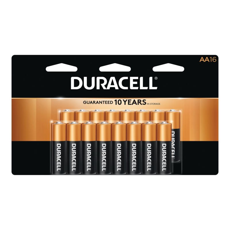 Duracell COPPERTOP MN1500 Series MN1500B16 Battery, 1.5 V Battery, AA Battery, Alkaline, Manganese Dioxide