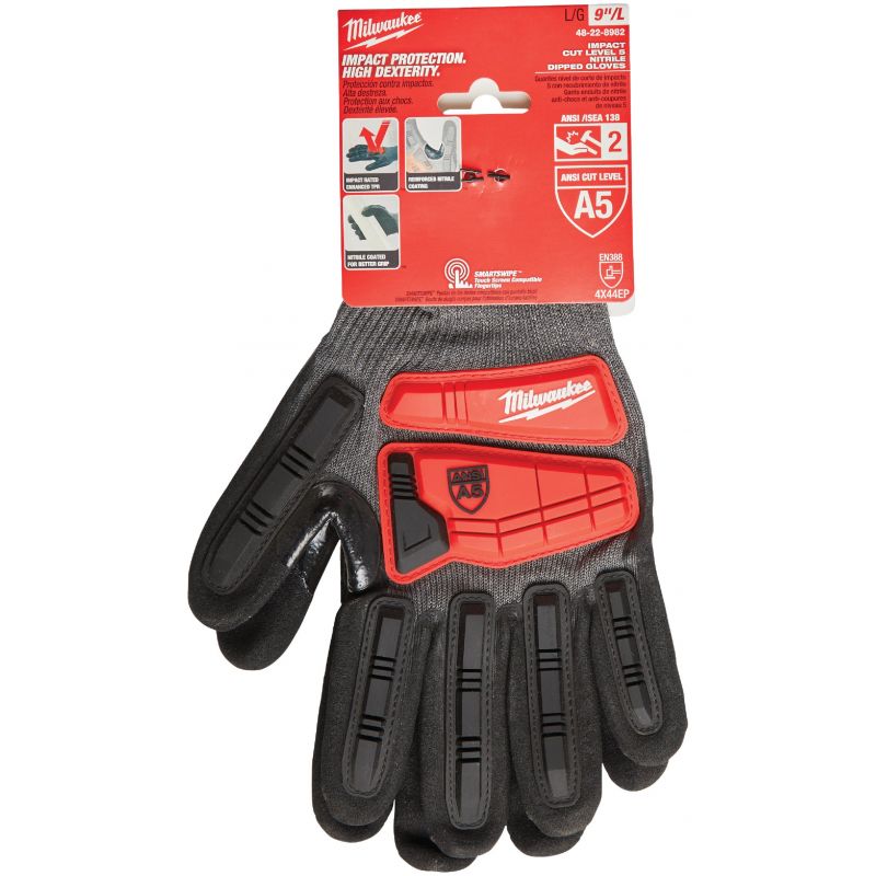 Milwaukee Impact Cut Level 5 Nitrile Work Gloves L, Gray, Red, Black