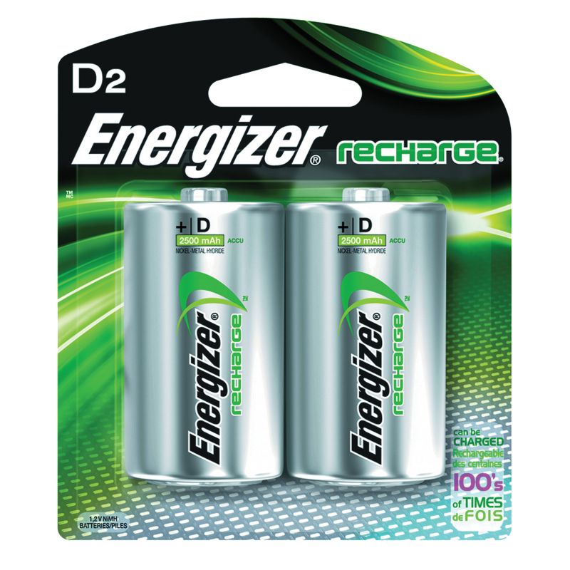 Energizer NH50BP-2 Battery, 1.2 V Battery, 2500 mAh, D Battery, Nickel-Metal Hydride, Rechargeable Green/Silver