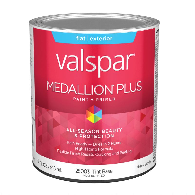 Valspar Medallion Plus 2500 05 Latex Paint, Acrylic Base, Flat Sheen, Tint Base, 1 qt, Plastic Can Tint Base