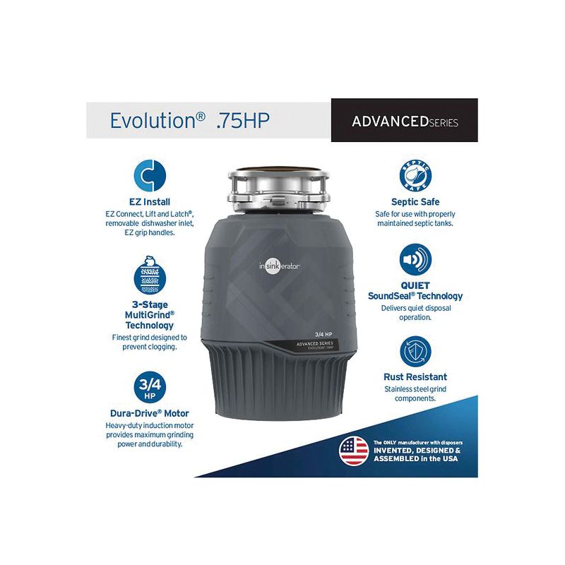 InSinkErator Evolution Series 80021-ISE Garbage Disposal, 3/4 hp Motor, 120 V, Steel, Gray Gray