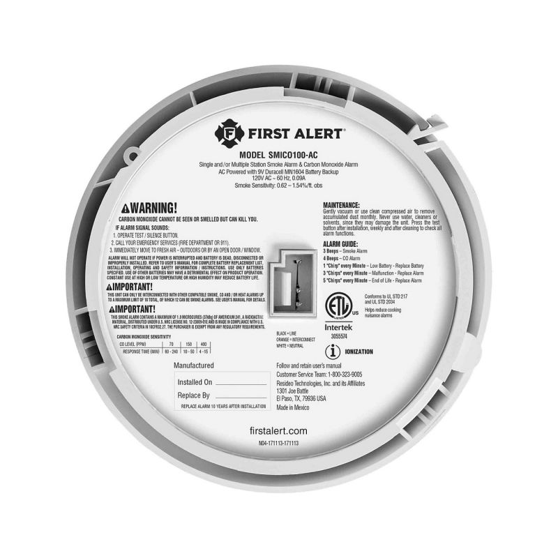 First Alert 1046870 Smoke and Carbon Monoxide Alarm, 85 dBA, Ionization Sensor, White White