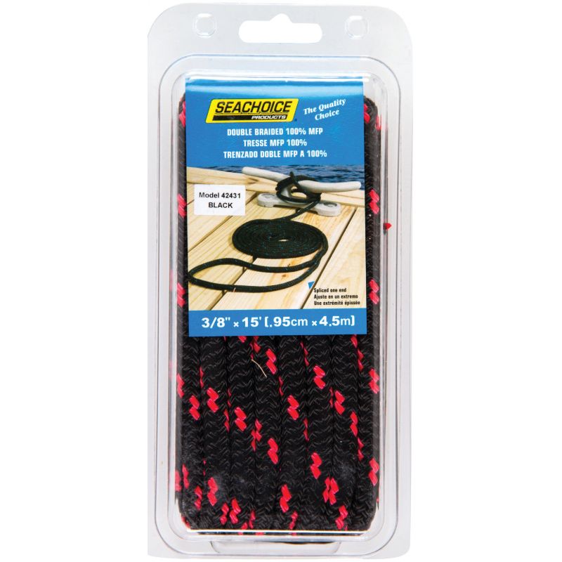 Seachoice Double Braid Polypropylene Dock Line 3/8 In. X 15 Ft., BLACK W/RED TRACER