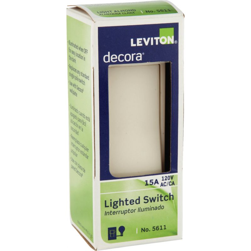 Leviton Decora Illuminated Rocker Single Pole Switch Light Almond, 15