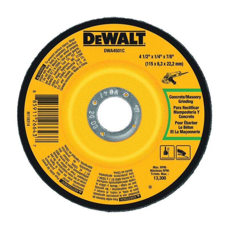 DeWALT DWA4501C Grinding Wheel, 4-1/2 in Dia, 1/4 in Thick, 7/8 in Arbor, 24 Grit, Aluminum Oxide Abrasive Black/Yellow