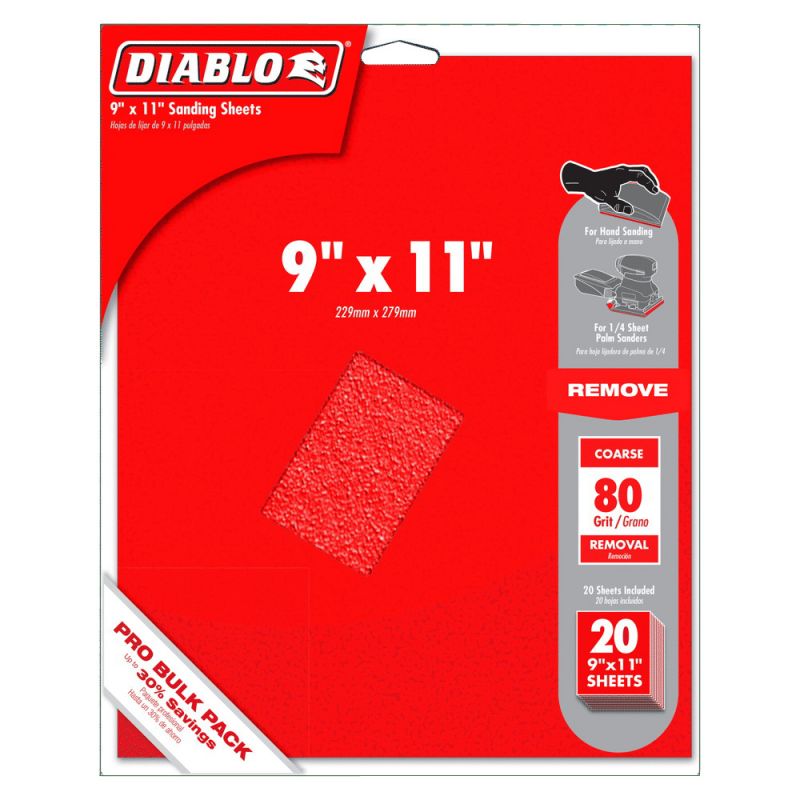 Diablo DCS911080S20G Sanding Sheet, 9 in W, 11 in L, 80 Grit, Coarse, Aluminum Oxide Abrasive, Paper Backing, 20/PK