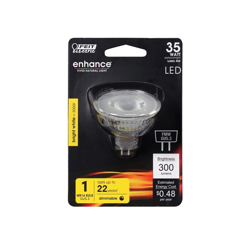 Feit Electric BPFMW/930CA LED Bulb, Track/Recessed, MR16 Lamp, 35 W Equivalent, GU5.3 Lamp Base, Dimmable, Clear