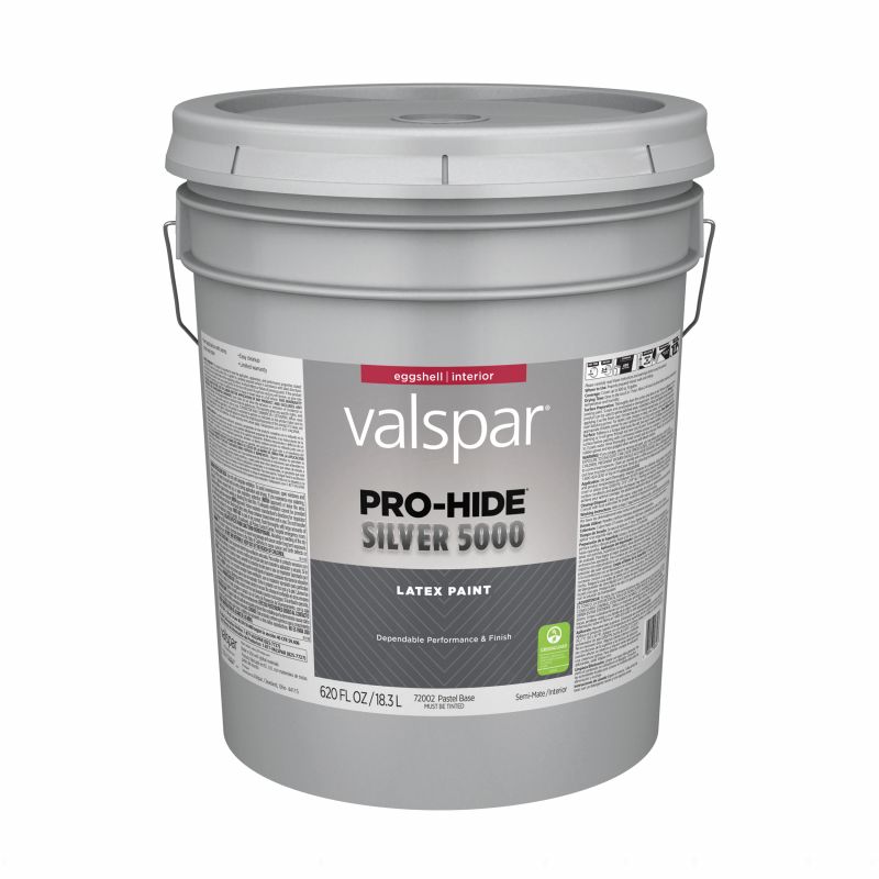Valspar Pro-Hide Silver 5000 7300 028.0072002.008 Latex Paint, Water Base, Eggshell, Pastel Base, 5 gal Pastel Base