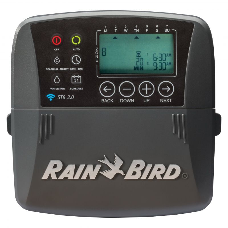 Rain Bird ST8I-2.0 Irrigation Timer, 24/120 VAC, 8 -Zone, 8 -Program, Digital Display, Wall Mounting, Gray Gray
