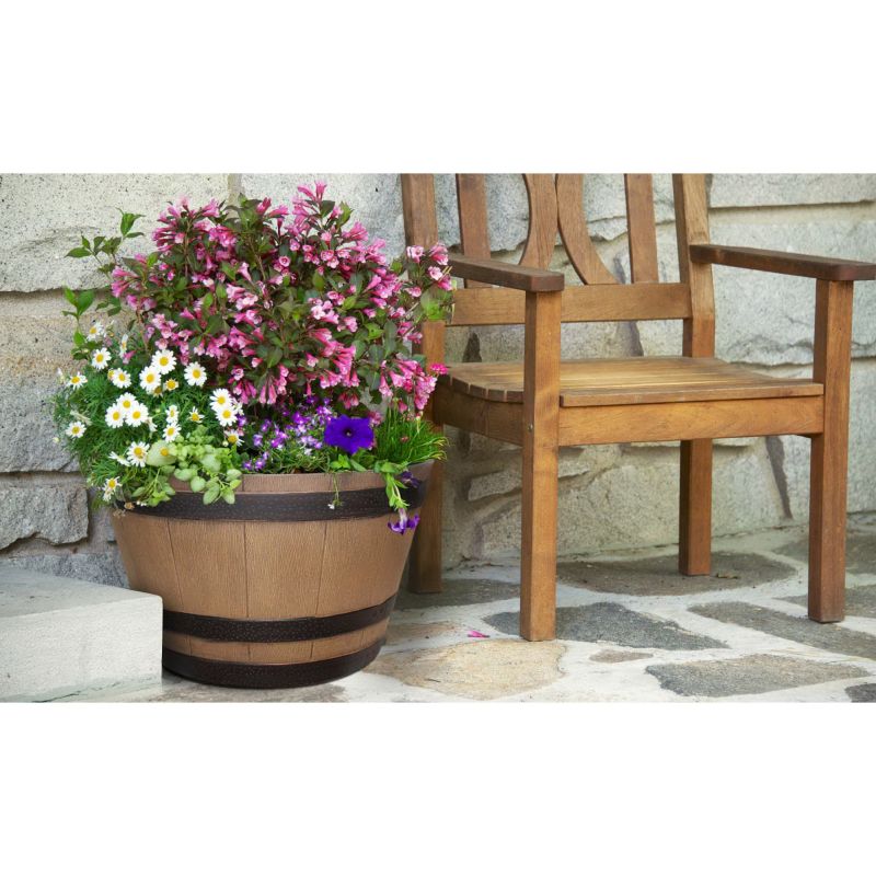 Southern Patio HDR-055471 Planter, 13.04 in H, 22.24 in W, 22.24 in D, Round, Whiskey Barrel Design, Resin, Natural Oak Natural Oak