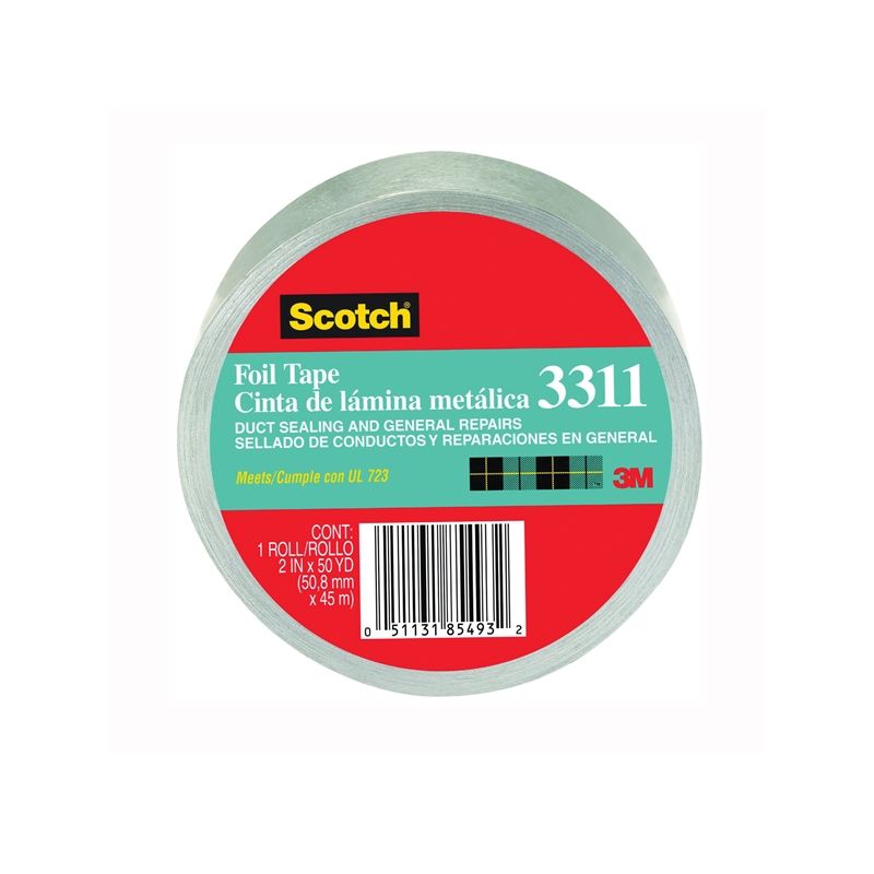 Scotch 3311-50A Foil Tape, 50 yd L, 2 in W, Aluminum Backing, Silver Silver