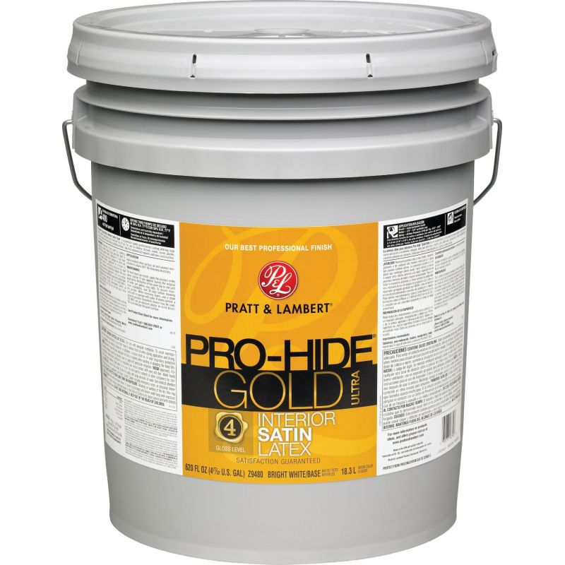 Pratt &amp; Lambert Pro-Hide Gold Ultra Latex Satin Interior Wall Paint 5 Gal., Bright White Base