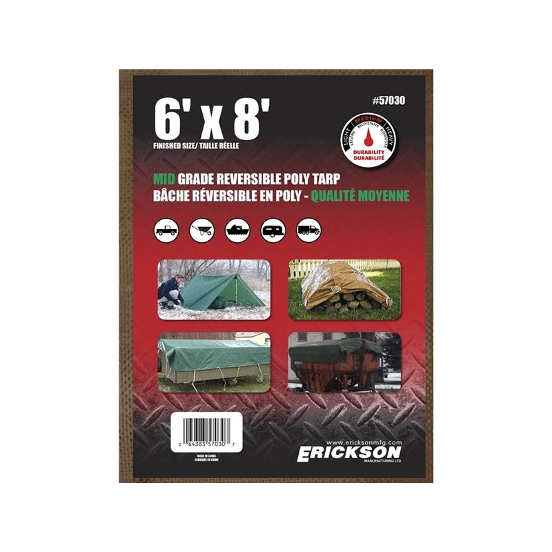 Erickson 57030 Mid-Grade Tarp, 8 ft L, 6 ft W, Poly, Brown/Green Brown/Green