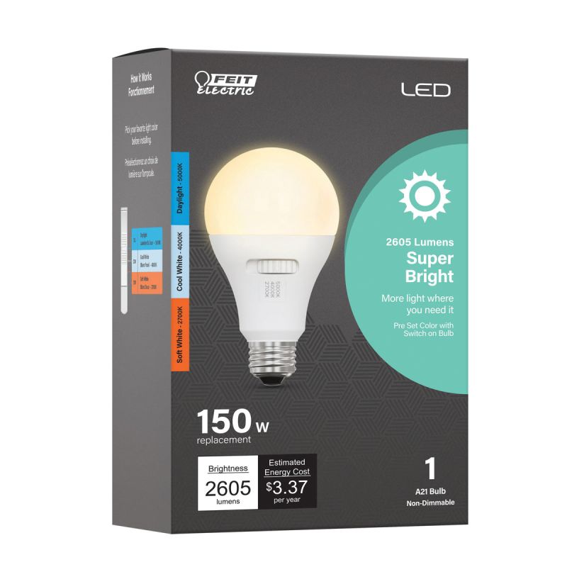 Feit Electric OM150/3CCT/LEDI LED Light Bulb, A21 Lamp, 150 W Equivalent, E26 Lamp Base, Non-Dimmable