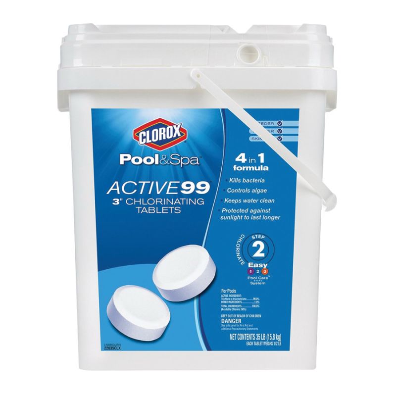 Clorox POOL &amp; Spa ACTIVE99 22435CLX Chlorinating Tablet, Solid, Chlorine, 35 lb Bucket 3 In W, White