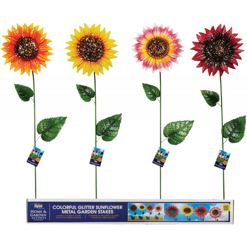 Alpine Colorful Glitter Metal Sunflower Garden Stake Multi (Pack of 12)