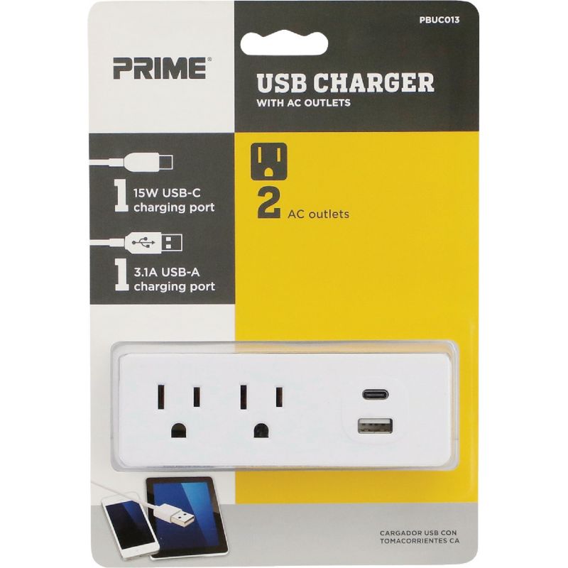 Prime 2-Outlet Tap with USB Charger White, 15
