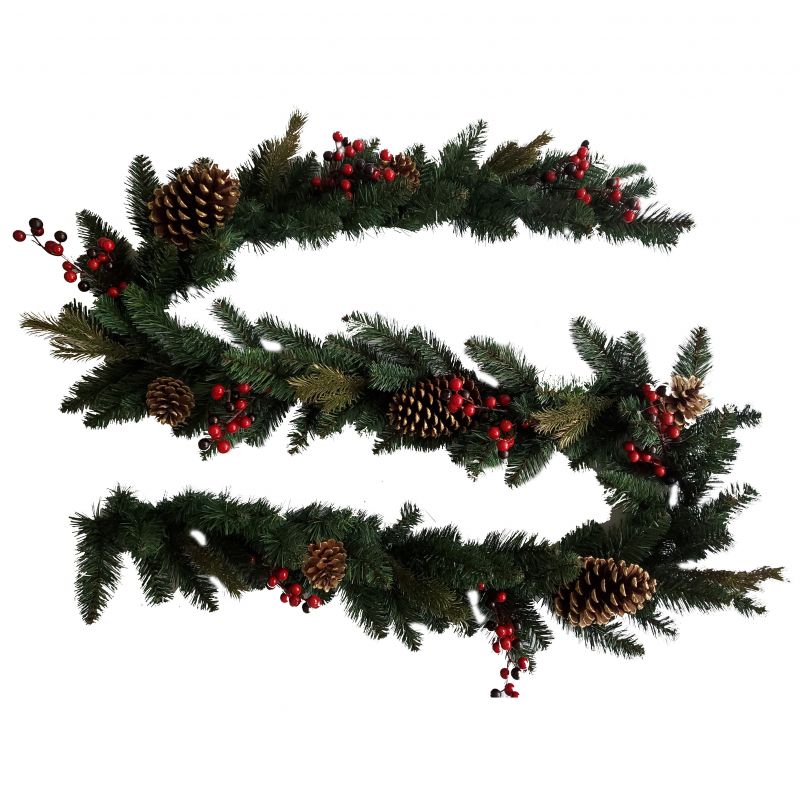 Hometown Holidays 38515 Pine Cone and Red Berry Garland, PVC, Hangtag Mounting Green/Red/Gold