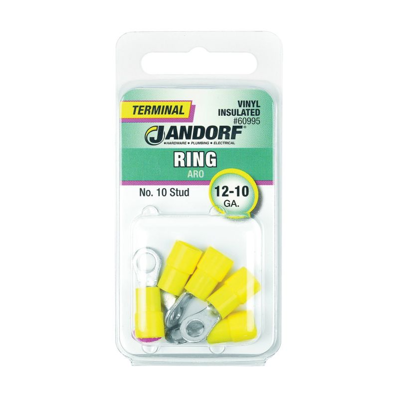 Jandorf 60995 Ring Terminal, 12 to 10 AWG Wire, #10 Stud, Vinyl Insulation, Copper Contact, Yellow Yellow