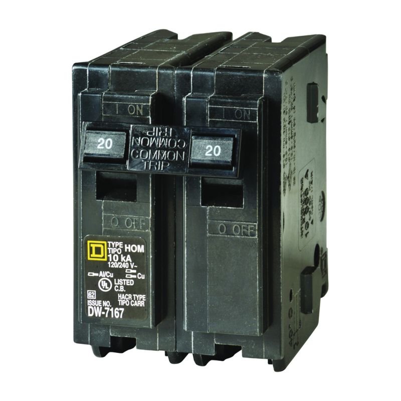 Square D Homeline HOM220C Circuit Breaker, Mini, 20 A, 2 -Pole, 120/240 V, Plug Mounting, Black Black