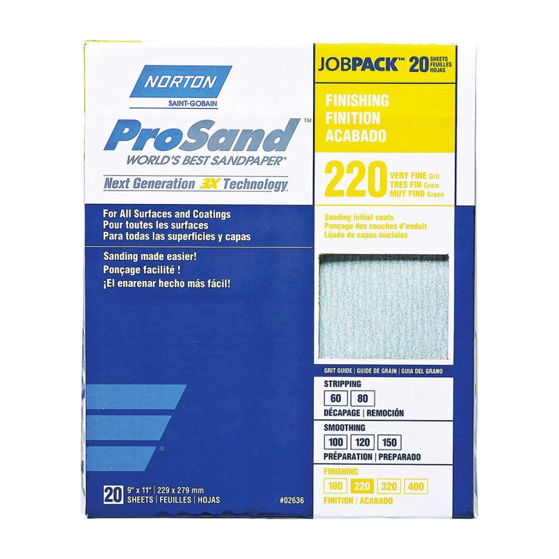 Norton ProSand 07660768167 Sanding Sheet, 11 in L, 9 in W, Very Fine, 220 Grit, Aluminum Oxide Abrasive, Paper Backing Tan