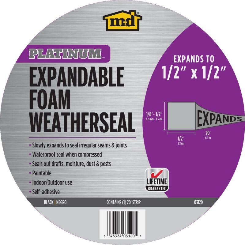 M-D PLATINUM Expandable Foam Weatherstrip Tape 1/2 In. X 1/2 In. X 20 Ft., Black
