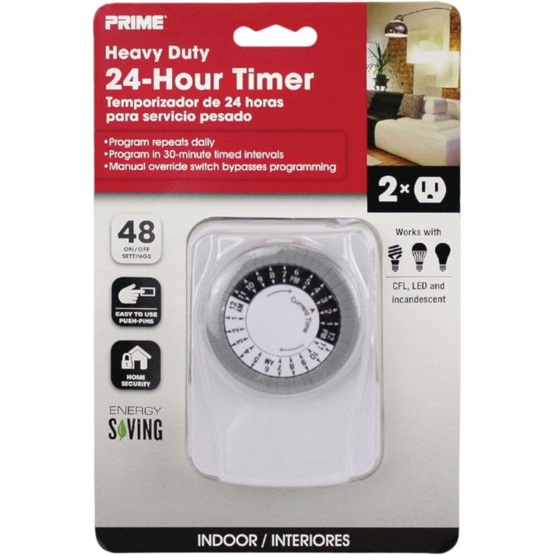 Prime 2-Outlet Heavy-Duty Indoor Electromechanical Timer White, 15A
