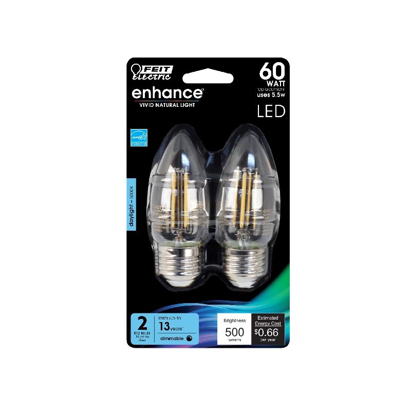 Feit Electric BPETC60/950CA/FIL LED Bulb, Decorative, B10 Lamp, 60 W Equivalent, E26 Lamp Base, Dimmable, Daylight Light