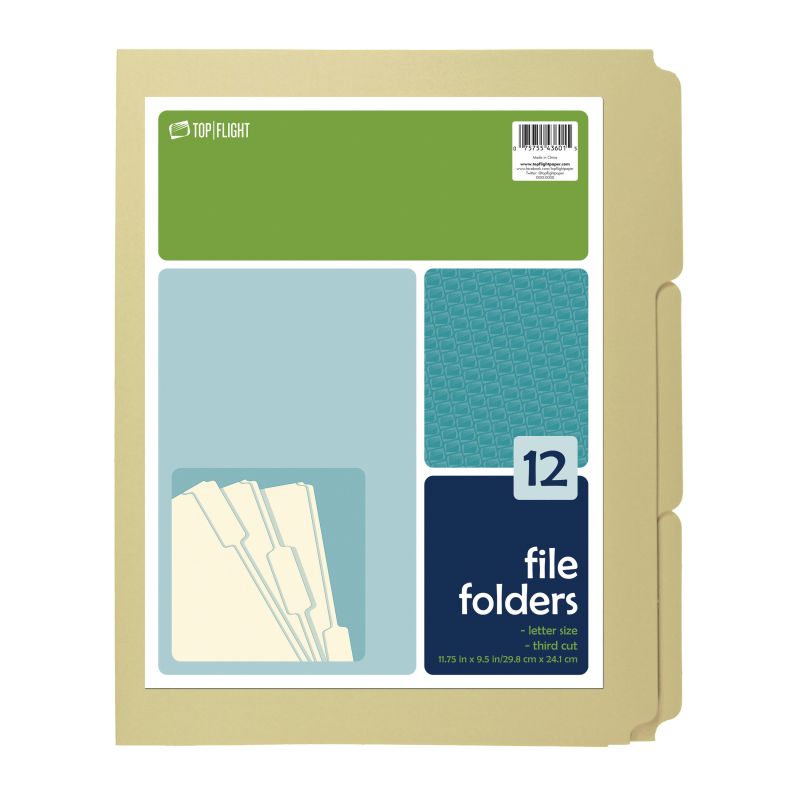 Top Flight 4611415 File Folder, 12 x 9-1/2 in Sheet, 12 Sheet, Plain Tab