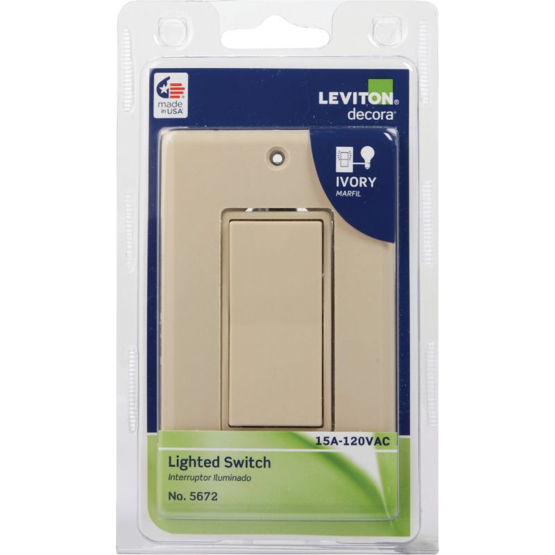 Leviton Decora Illuminated Rocker Single Pole Switch With Wall Plate Ivory, 15