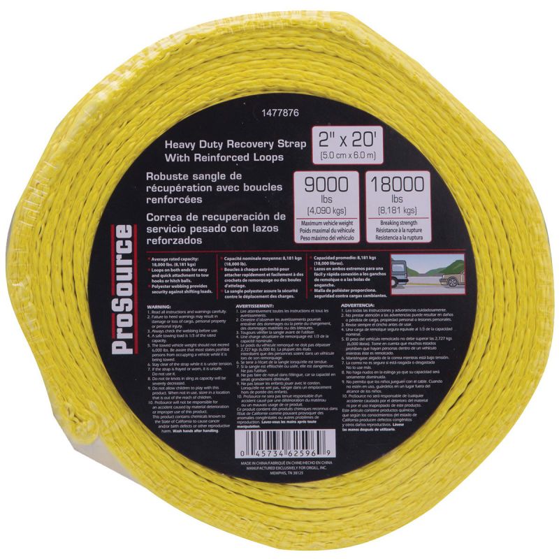 ProSource FH64062 Recovery Strap, 18,000 lb, 2 in W, 20 ft L, Polyester, Yellow Yellow