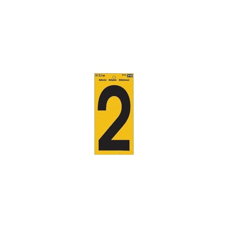 Hy-Ko RV-75/2 Reflective Sign, Character: 2, 5 in H Character, Black Character, Yellow Background, Vinyl (Pack of 10)
