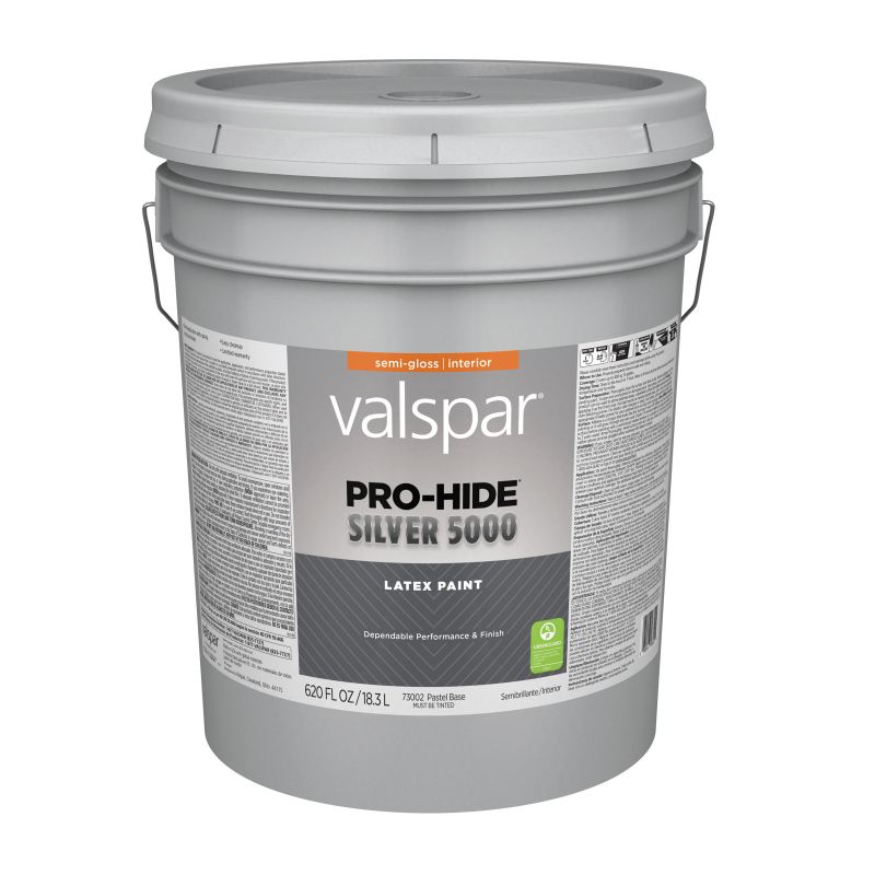 Valspar Pro-Hide Silver 5000 7300 08 Latex Paint, Water Base, Semi-Gloss, Pastel Base, 5 gal Pastel Base