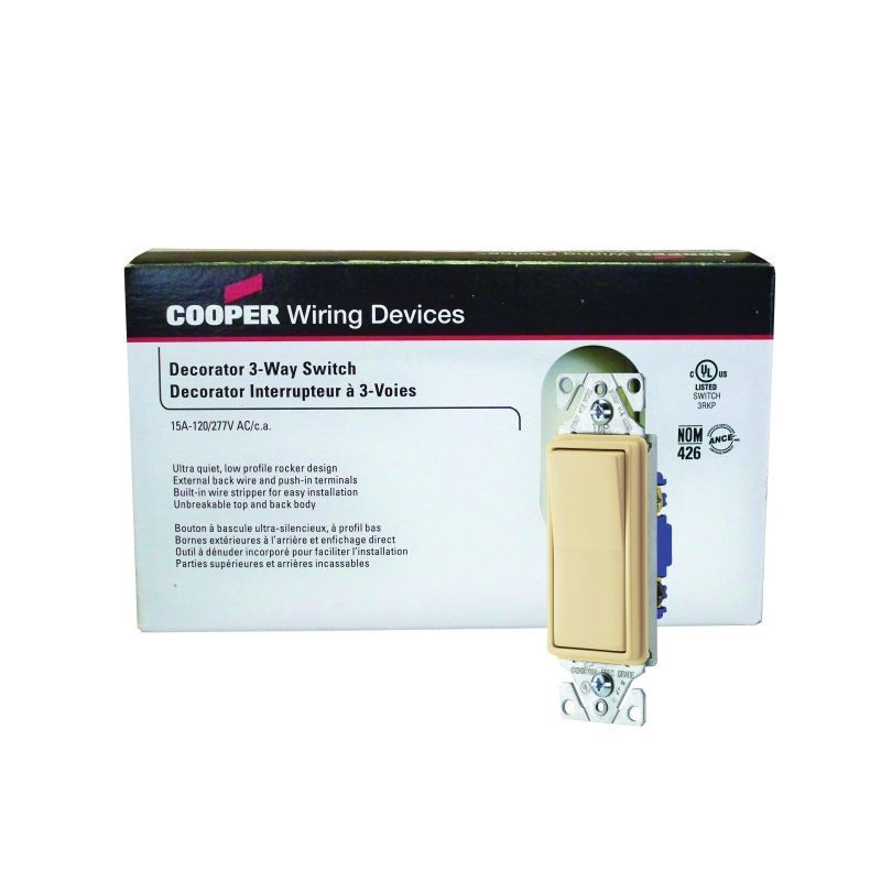 Eaton Wiring Devices 7500 7503V-JP-C Rocker Switch, 15 A, 120/277 V, 3-Way, Lead Wire Terminal, Ivory Ivory