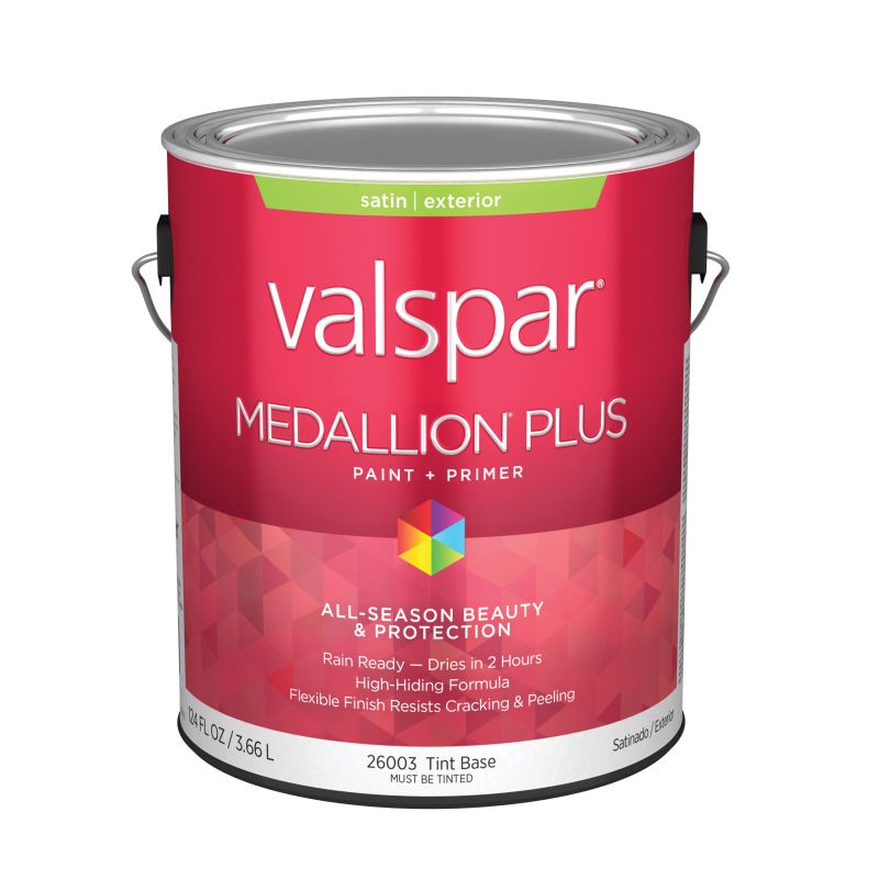 Valspar Medallion Plus 2600 028.0026003.007 Latex Paint, Acrylic Base, Satin Sheen, Tint Base, 1 gal, Plastic Can Tint Base