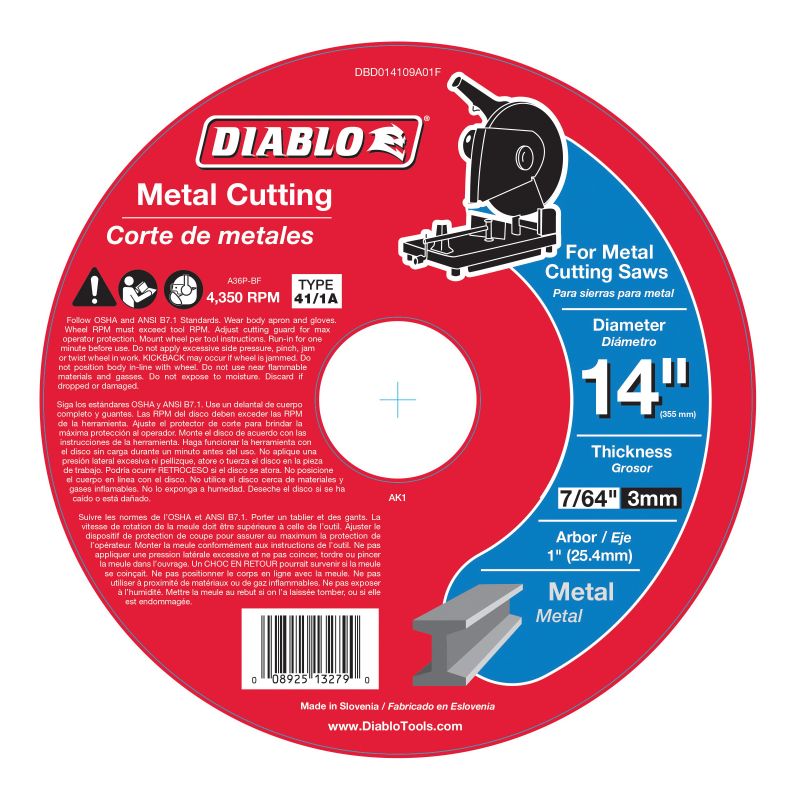 Diablo DBD014109A01F Chop Saw Disc, 14 in Dia, 1 in Arbor, Aluminum Oxide Abrasive
