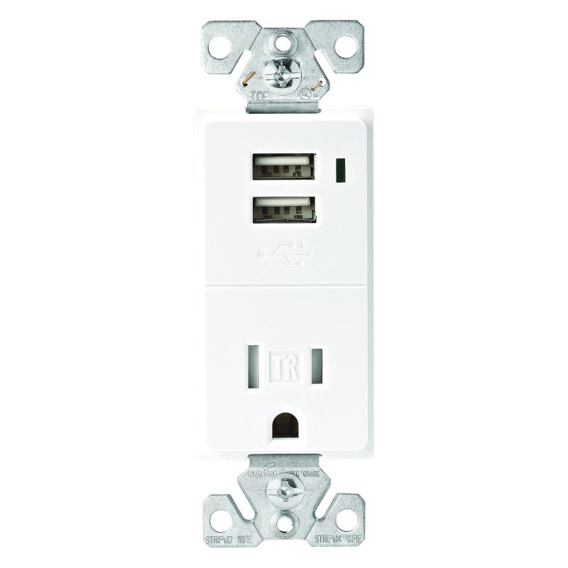 Eaton Cooper Wiring TR7740W-K-L Combination USB Receptacle, 2 -Pole, 0.7 A USB, 15 A Receptacle, 2 -USB Port, White White