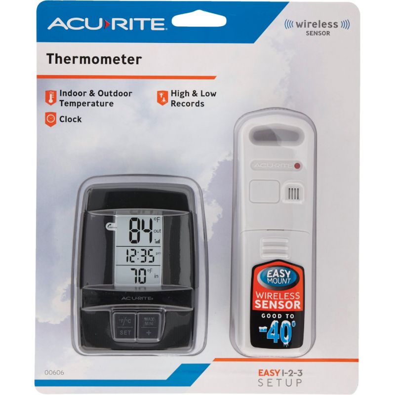 AcuRite Wireless Clock Indoor &amp; Outdoor Thermometer 1.6 In. W. X 4.8 In. H. Sensor, Black