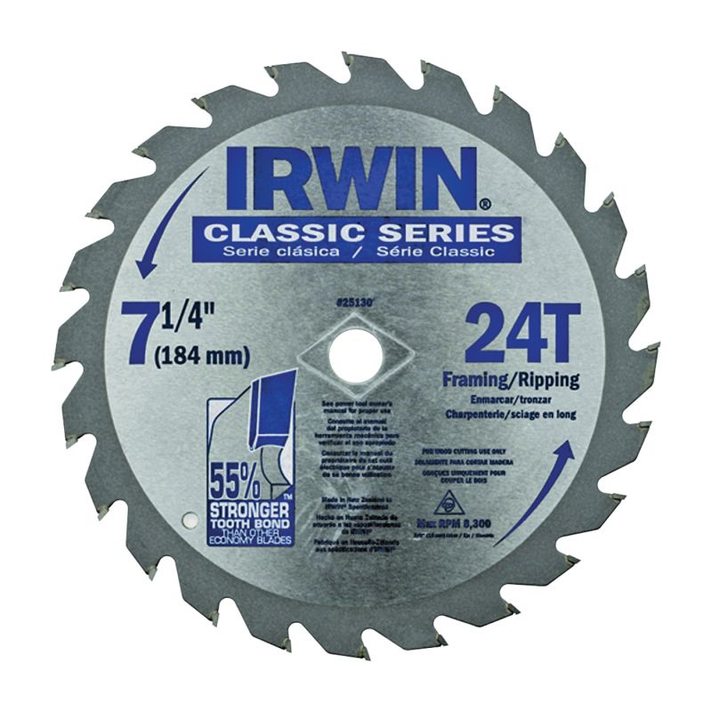 Irwin 25130 Circular Saw Blade, 7-1/4 in Dia, 5/8 in Arbor, 24-Teeth, Carbide Cutting Edge, Applicable Materials: Wood