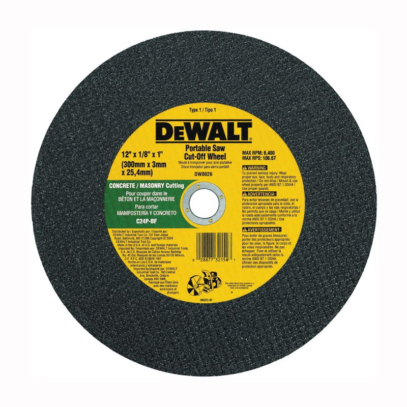 DeWALT DW8026 Cut-Off Wheel, 12 in Dia, 1/8 in Thick, 1 in Arbor, Coarse, Silicone Carbide Abrasive Black/Yellow