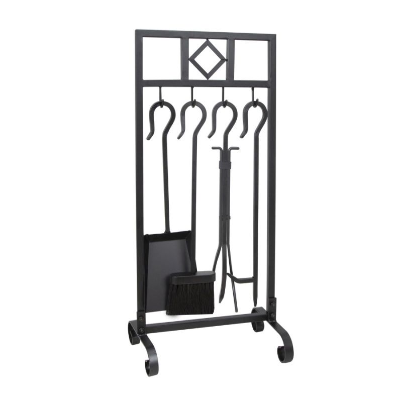 Simple Spaces T58993BK Fireplace Tool Set, Tools with Stand, Steel, Black, Powder Coated, 5-Piece Black