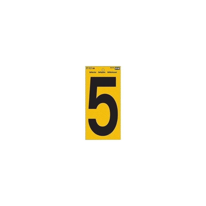 Hy-Ko RV-75/5 Reflective Sign, Character: 5, 5 in H Character, Black Character, Yellow Background, Vinyl (Pack of 10)