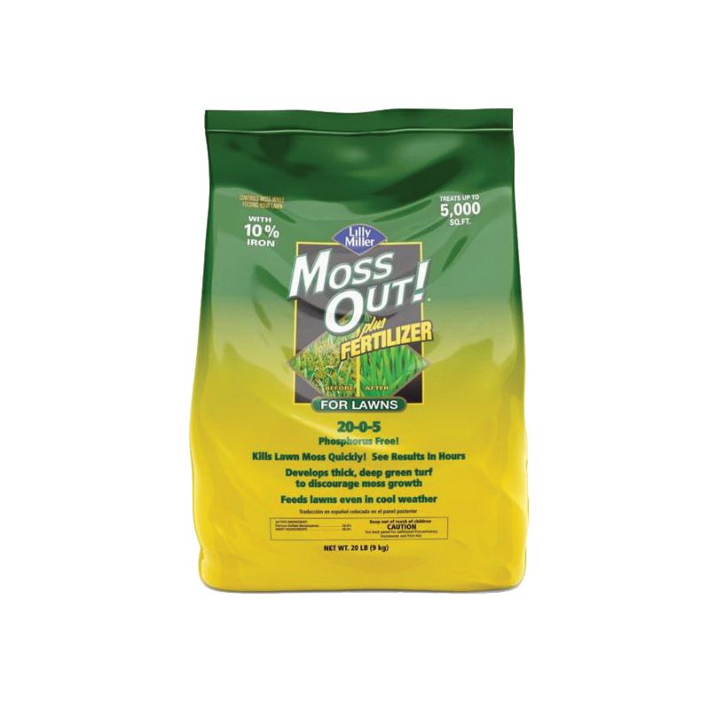 Moss Out! 100508946 Lawn Fertilizer, 20 lb Bag, Solid, 20-0-5 N-P-K Ratio Black/Gray