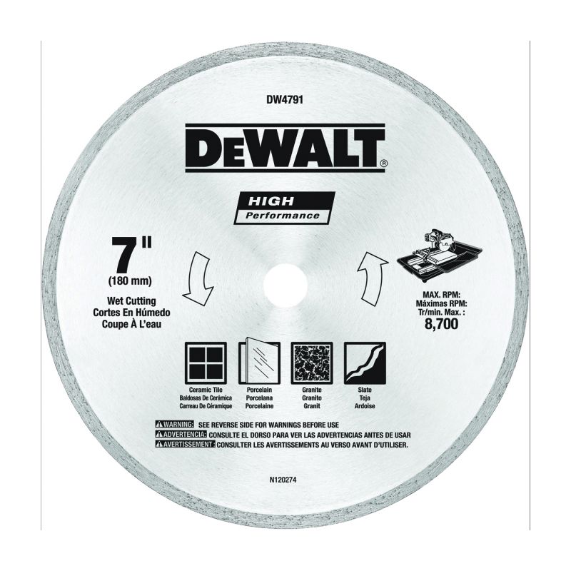 DeWALT DW4791 Circular Saw Blade, 7 in Dia, 5/8 in Arbor, Diamond Cutting Edge, Applicable Materials: Stone