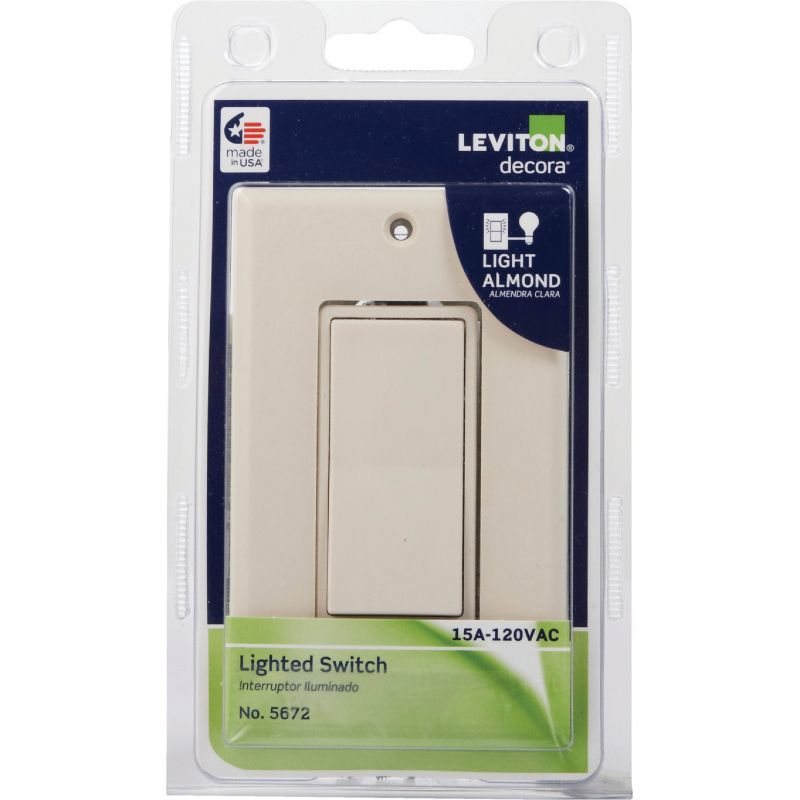 Leviton Decora Illuminated Rocker Single Pole Switch With Wall Plate Light Almond, 15