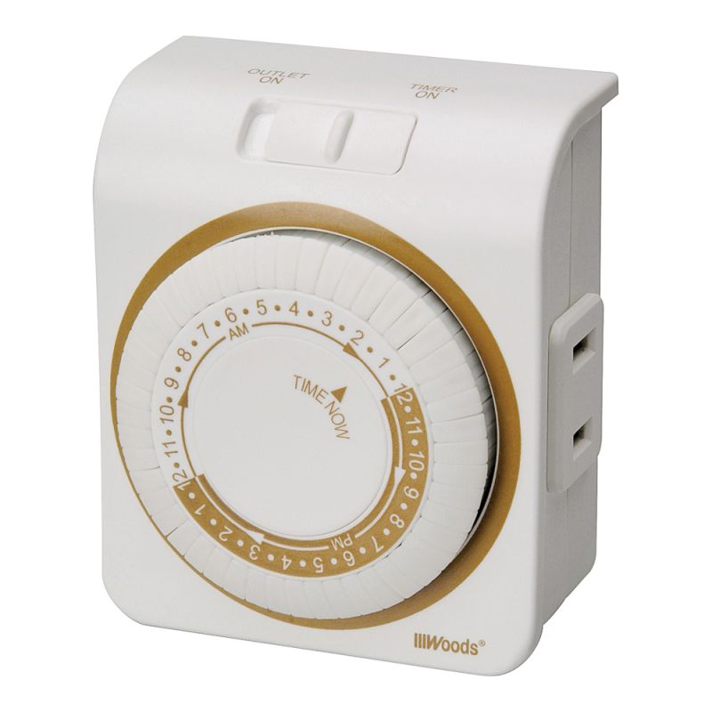 Woods 50001 Mechanical Timer, 15 A, 125 V, 1875 W, 24 hr Time Setting, 24 On/Off Cycles Per Day Cycle, White White