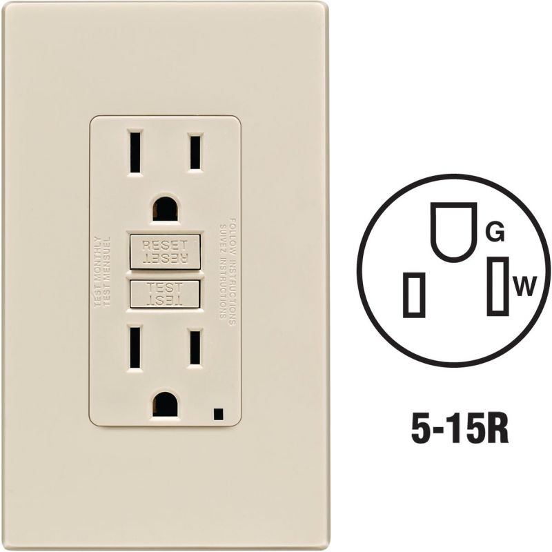 Leviton SmartLockPro Self-Test GFCI Outlet With Screwless Wall Plate Light Almond, 15