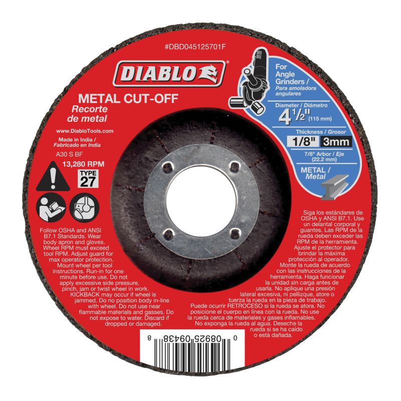 Diablo DBD045125701F Cut-Off Wheel, 4-1/2 in Dia, 1/8 in Thick, 7/8 in Arbor, Aluminum Oxide Abrasive